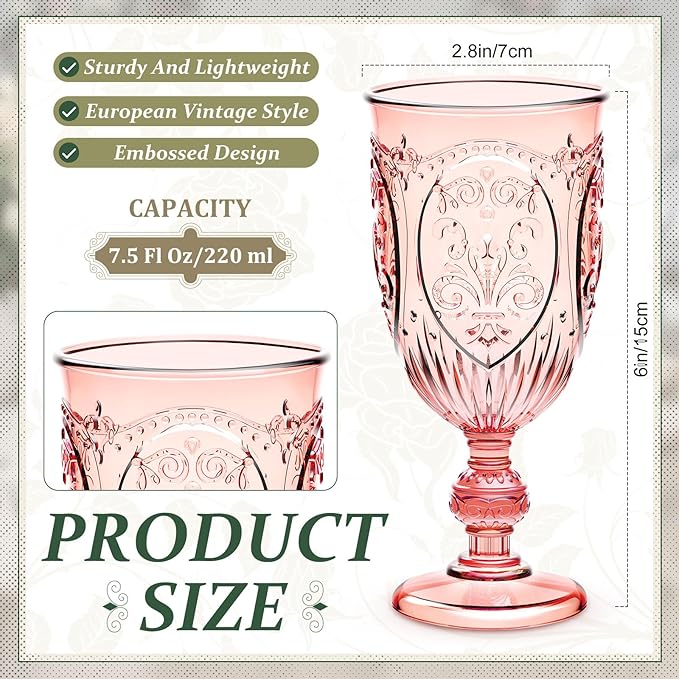 48 Pcs Plastic Goblets 7.5oz Vintage Goblet Plastic Wine Glasses Colored Retro Embossed Water Goblets for Wine Bar Juice Baby Shower Wedding Reception Grand Event Party (Pink)