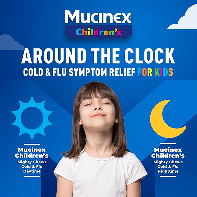 Mucinex Children's Mighty Chews Nighttime Cold and Flu Medicine, Children's Acetaminophen, Dextromethorphan, & Doxylamine Succinate, Kids Cough Medicine, Ages 6+, 16 Medicated Chewable Tablets