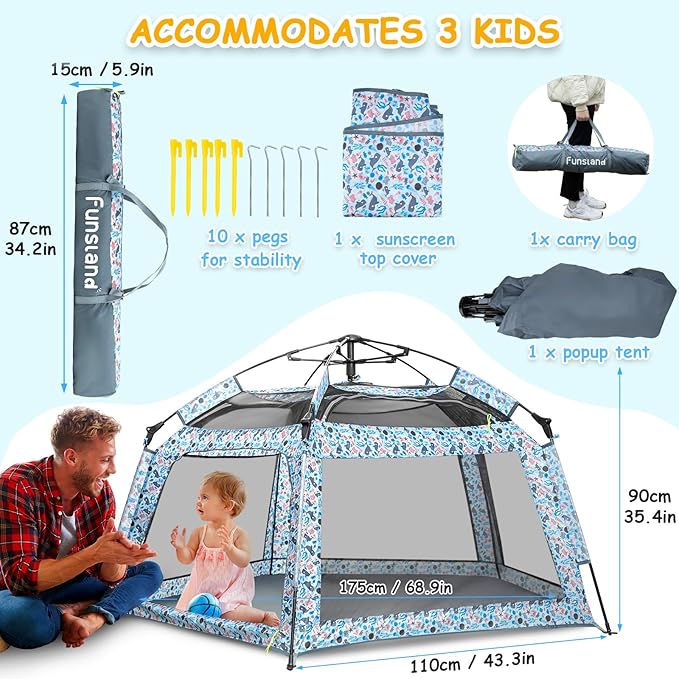 Baby Playpen Pop-up Tent - Outdoor & Indoor Play Tent for Beach with Canopy Travel Bag Portable Play Yard for Babies & Toddlers (Ocean)