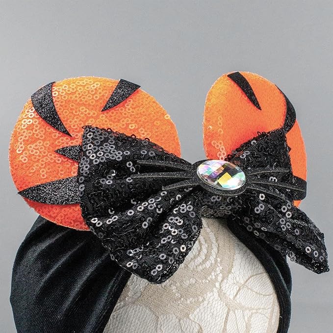 JIAHANG Baby Girl Halloween Mouse Ears Turban Headwrap with Sequin Bows, Wide Velvet Hairband, Hair Bow Headband for Newborn Toddler, Kids, Party Supplies