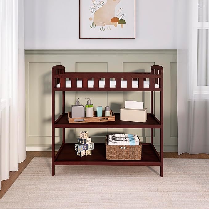 Dream On Me Emily Changing Table, Compact and Lightweight, Solid New Zealand Pinewood, Elevated Safety Rails, Two Storage Shelves, Includes Water-Resistant 1" Changing Pad — Espresso