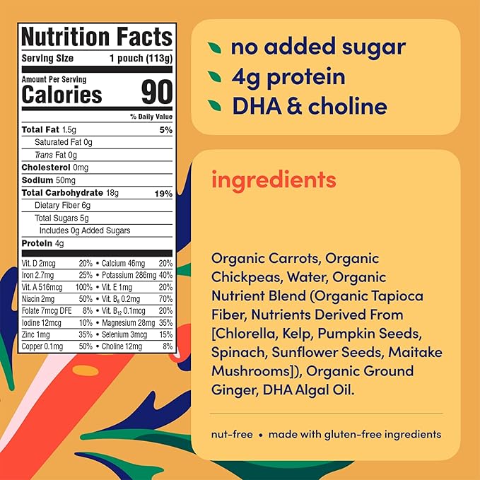 Cerebelly Organic Baby Food Pouches, Carrot Chickpea Purees, 16 Nutrients, No Added Sugar, Fiber & Non-GMO, 4oz, 12 Pack
