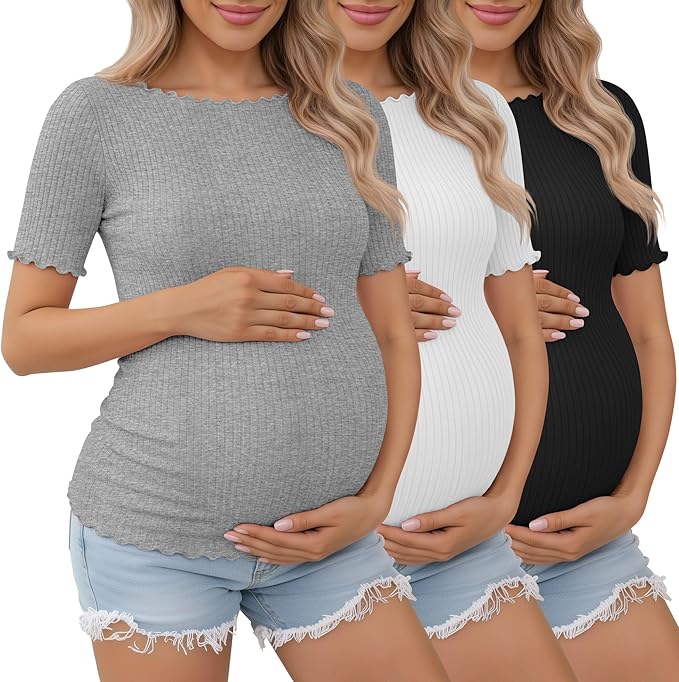 3 Pack Women's Maternity Ribbed Shirts Cotton Short Sleeve Pregnancy Tops Boat Neck Lettuce Trim Mama Clothes