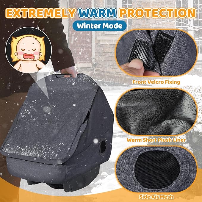 Winter Baby Carseat Cover with Clear Peep Window, Universal Car Seat Rain Cover with Zipper Door and Side Ventilation, All-Round Snow, Wind & Rain Canopy Waterproof Cover, Machine Washable, Grey