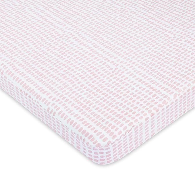 Ely’s & Co. Waterproof Pack and Play/Mini Crib Sheets – All-in-One Mattress Protector and Fitted Playard Sheets – Jersey Cotton – Mauve Pink Splash & Stripes, Baby Girl Nursery Bedding – 2-Pack