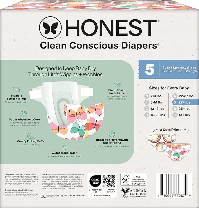 The Honest Company Comfort Dry Disposable Diapers for Sensitive Skin, Hypoallergenic, Fragrance-Free, Wingin' It + Catching Rainbows, Club Box Size 5 (27 lbs), 44 Count