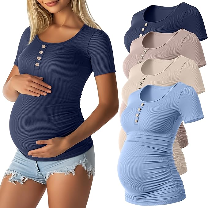 4 Pack Womens Maternity Shirts Scoop Neck Cotton Short Sleeve Ribbed Pregnancy Top Henley Side Ruched Mama Clothes