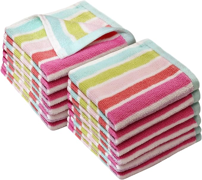 ORIGINAL KIDS Wash Cloth - Set of 12 Stripe Washcloths - 100% Cotton Yarn-Dyed Terry - 450 GSM Quick Dry Soft Absorbent Gentle Baby Face Towels for Bathroom Travel Daycare - 12 x 12 - Pink Multi