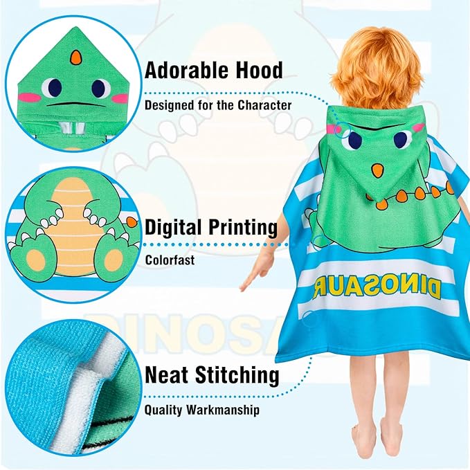 Hooded Kids Beach Towels - Toddler Bath Towel Girls Boys Swim Cover-ups for Ages 1 to 6 Kids Pool Towels Quick Dry Lightweight Soft Microfiber Poncho Towel 24x23 (Baby Dinosaur)