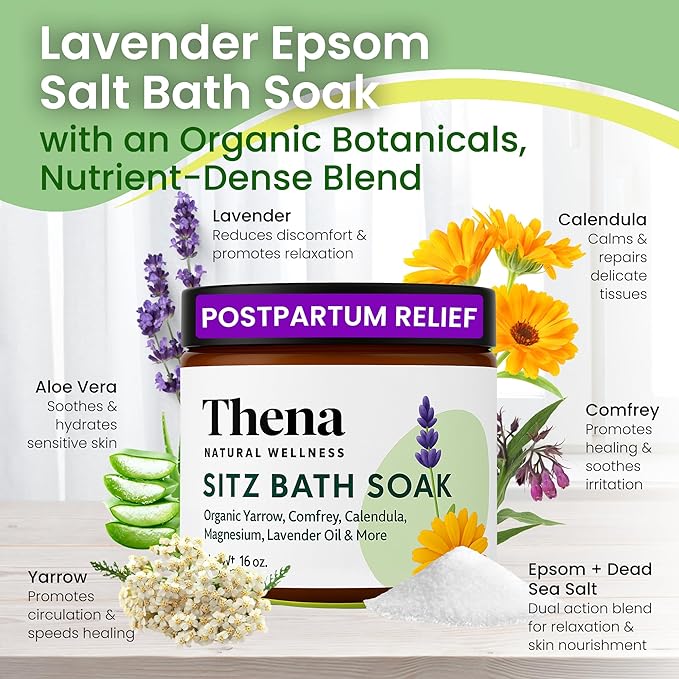 Best Organic Sitz Bath Soak Postpartum Care and Post Partum Essentials, Natural Hemorrhoid Treatment for Women & Moms with Epsom Dead Sea Salt Witch Hazel, Sitz Bath for Toilet, Thena