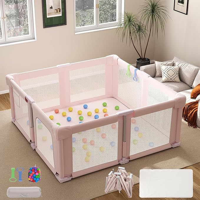 51" Foldable Baby Playpen with Mat, Playpen for Babies and Toddlers with Ocean Balls and Pull Links, Soft Breathable and Visible Mesh, Indoor and Outdoor Play Pen, Pink