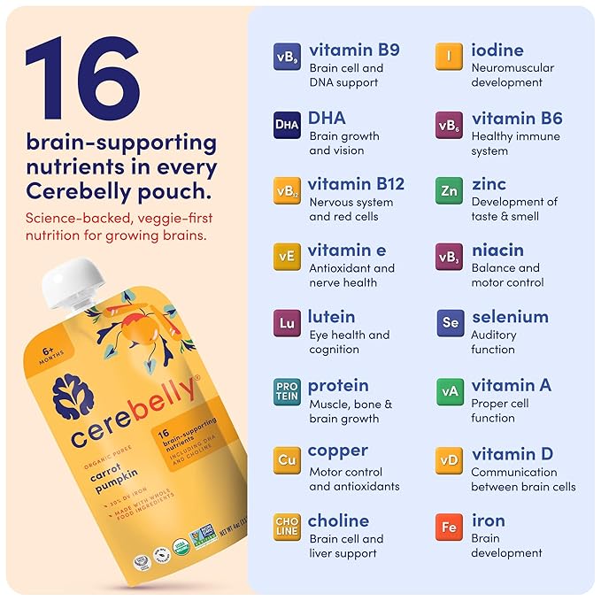 Cerebelly Organic Baby Food Pouches, Carrot Pumpkin Purees, 16 Nutrients, No Added Sugar, Fiber & Non-GMO, 4oz, 6 Pack