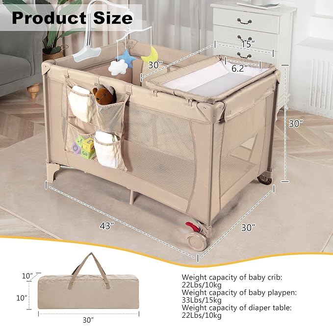 Pack and Play with Changing Table & Carry Bag, 4-in-1 Portable Crib Playpen for Newborn to Toddler, ASTM Certified Foldable Travel Crib with Bassinet(C-Khaki)