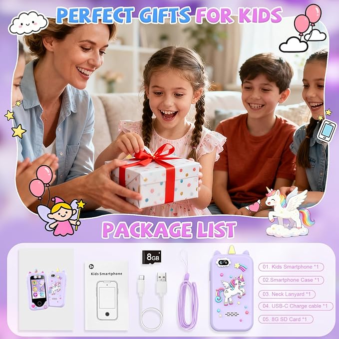 Nikuku Kids Phone for Girls Toys, Christmas Birthday Gifts for Boys 3-8 Year Old, Toddler Touchscreen Pretend Smart Cellphone with Dual Camera, Puzzle Learning Game, Music Player, 8GB Card(Purple)