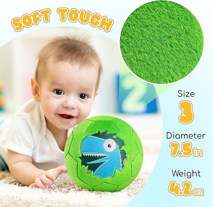 ZOOJOY Soft Balls for Toddlers 1-3, Silent Indoor Soccer Ball Size 3, Plush Inflatable House Ball for Kids 3-5, Kickball Toys First Birthday Gifts for Baby Boys Girls, Green Dinosaur, Pump Include
