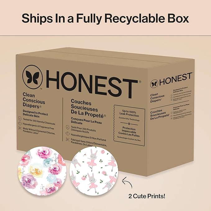 The Honest Company Comfort Dry Disposable Diapers for Sensitive Skin, Hypoallergenic, Fragrance-Free, Rose Blossom + Tutu Cute, Super Club Box, Size 2 (12-18 lbs), 124 Count