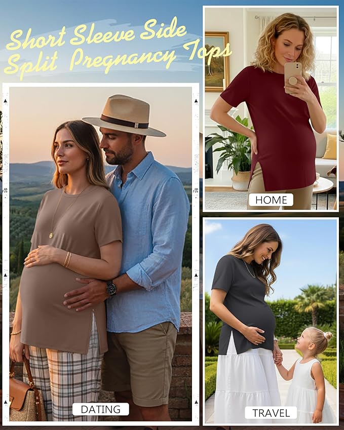 Ficerd 3 Pack Women's Maternity T Shirts, Short Sleeve Side Split Pregnancy Tops Casual Crew Neck Pregnant Tees Mama Clothes