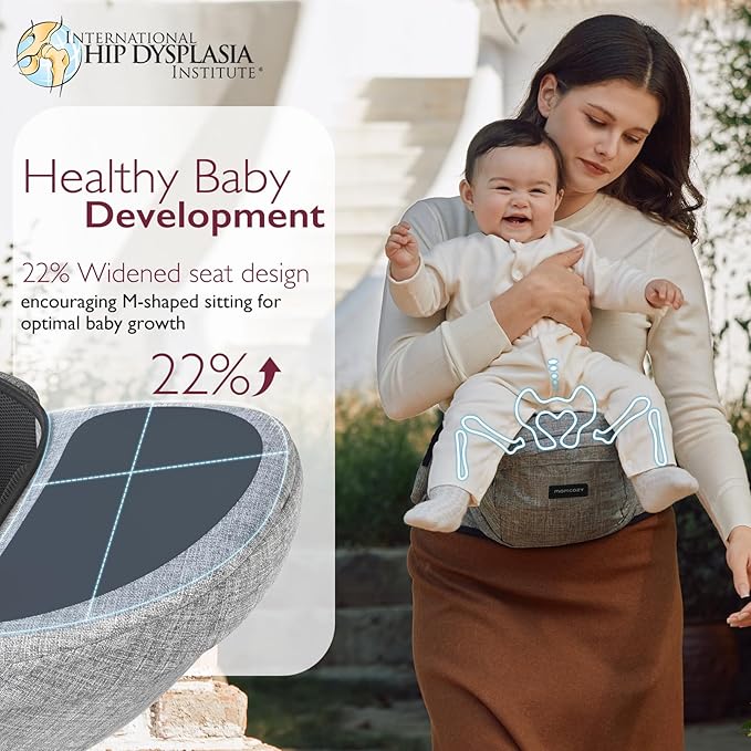 Momcozy Hip Seat Baby Carrier - Adjustable Waistband with Original 3D Belly Protector, Ergonomic Carrier with Various Pockets for Toddlers up to 45lbs (Grey, Medium 27-45IN)