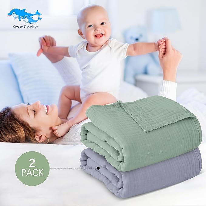 SWEET DOLPHIN Muslin Baby Bath Towels Blanket - 2 Pack 100% Cotton Towel for Babies, Infants, Toddlers - 40x40Inch - Highly Absorbent, Green and Grey