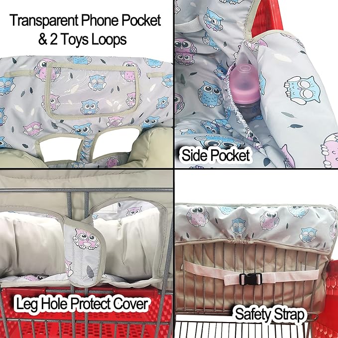 Love&go Soft Pillow Attached 2-in-1 Shopping Cart and High Chair Cover for Baby, Cotton Padded Cart Cover, Fold'n Roll Style, Portable with Carry Bag (Gray Owl)