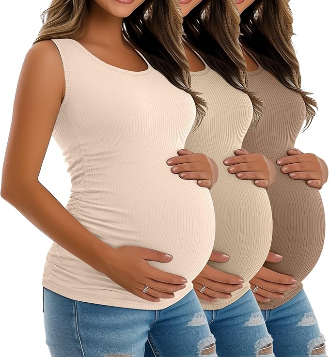 Riyiper 3 Pack Women's Maternity Tank Tops, Sleeveless Cotton Pregnancy Shirts Ribbed Knit Sides Ruched Basic Mama Clothes