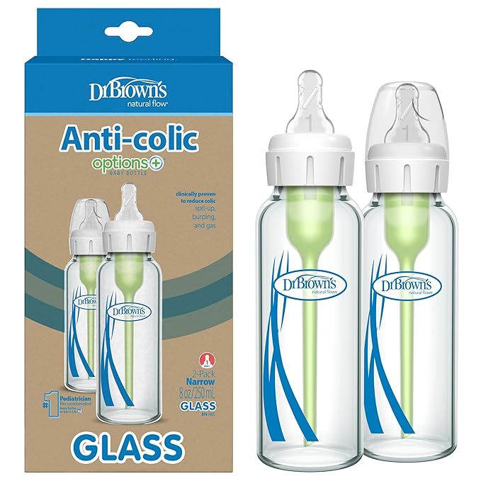Dr. Brown's Anti-Colic Options+ Narrow Glass Baby Bottle with Level 1 Slow Flow Nipple, BPA-Free, 8 oz/250 mL, 2-Pack (Packaging May Vary)