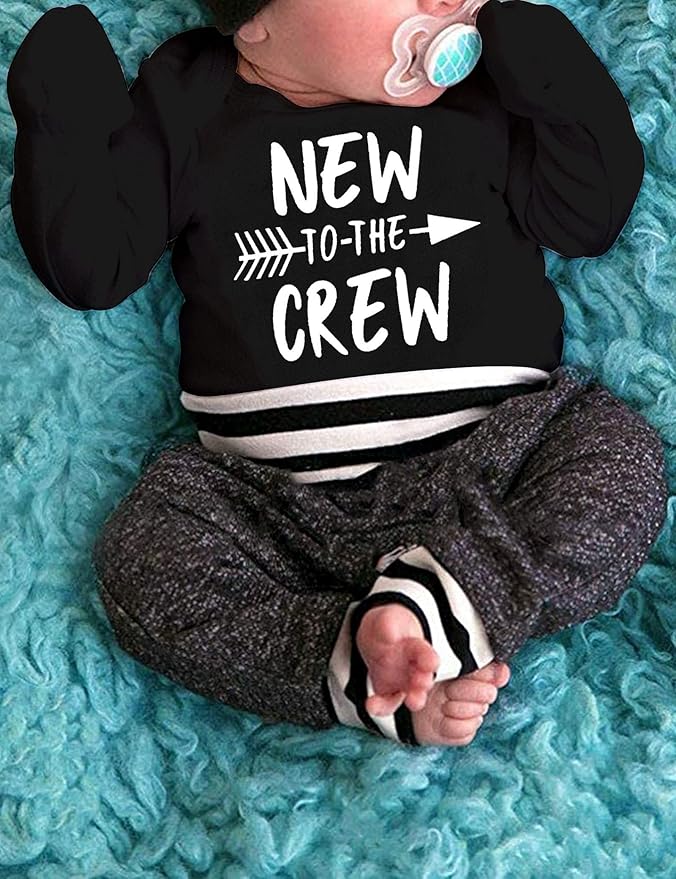 Fommy Newborn Baby Boy Clothes New to The Crew Letter Print Romper+ Pants+Hat 3PCS Outfit