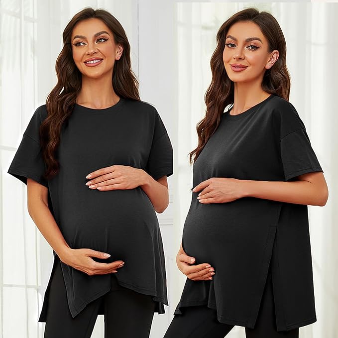 Ecavus Women's Casual Maternity Shirts Split Side Pregnancy Tops Blouses Short Sleeve Loose Fit Maternity Clothes
