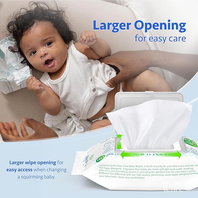 All Clear Care Baby Wipes, Bulk Unscented 24PK (1920 Wipes), 99% Water for Sensitive Skin, Large Soft Durable, Gentle & Hypoallergenic for Babies & Adults, Vitamin E and Aloe, Flip Top Lid