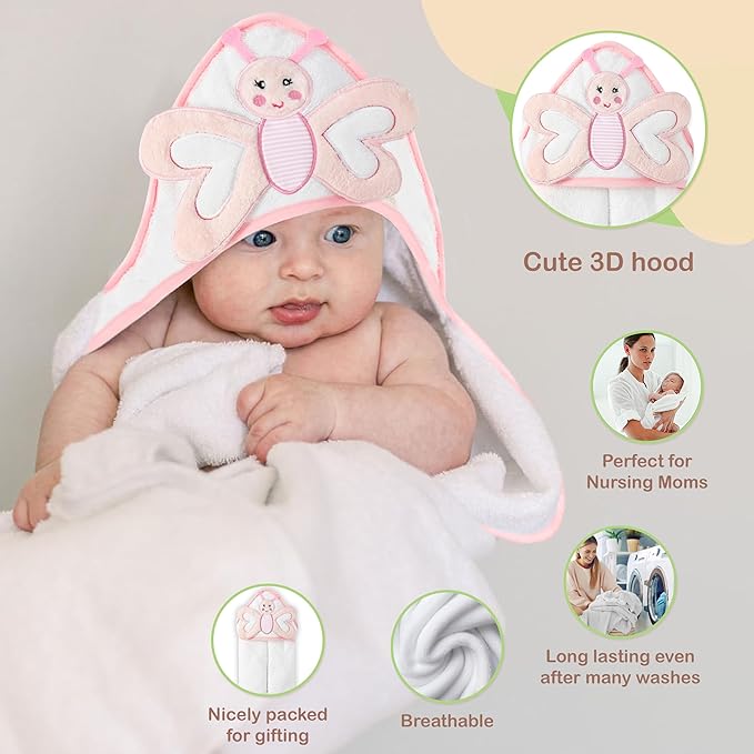 Mother's Choice Baby Towels 100% Organic Hooded Design, Large Size Cotton Baby Bath Towels, Ultra-Soft & Absorbent for Newborns, Infants, Toddlers, Boys & Girls with Animal Hood (Butterfly)