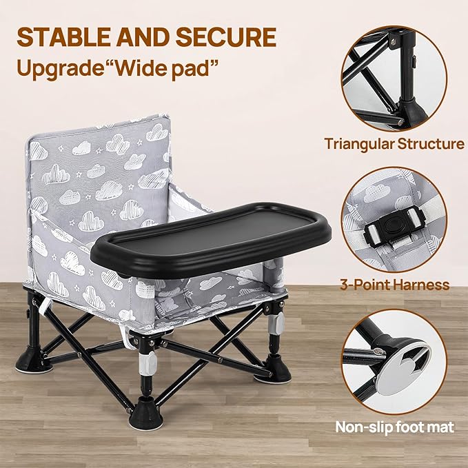 Toddler Booster Seat for Kitchen Chair & Travel - Portable Foldable with Removable Tray, Baby Camping Chair 6-36 Months Indoor Outdoor (White Cloud Design)