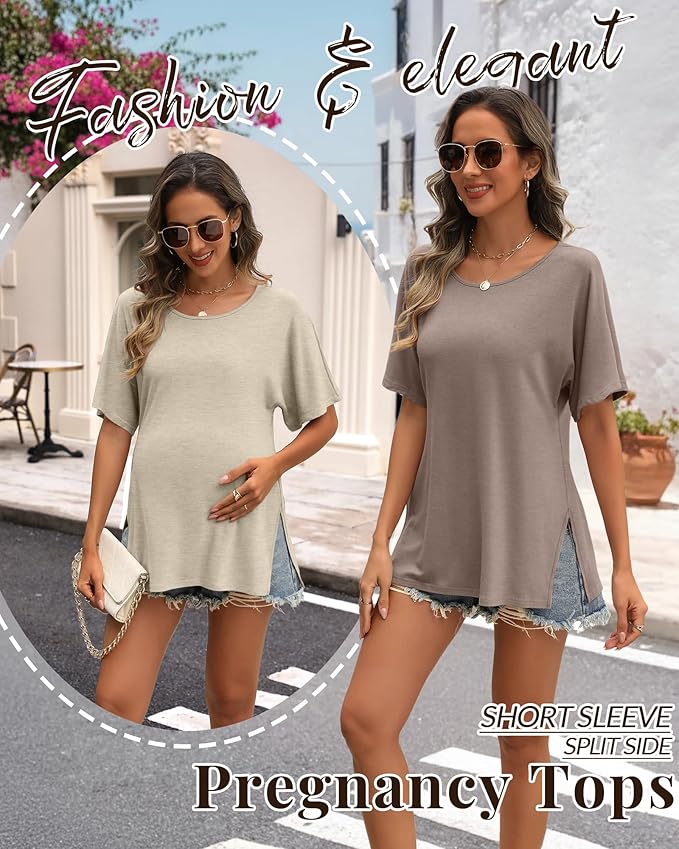 Riyiper 3 Pack Women's Maternity Tunic Shirts Cotton Summer Pregnancy Clothes Loose Oversized Split Side Blouse Tops