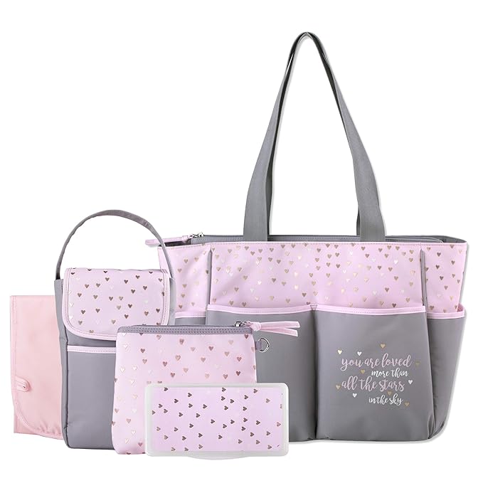 Baby Essentials Diaper Bag Tote 5 Piece Set with Sun, Moon, and Stars, Wipes Pocket, Dirty Diaper Pouch, Changing Pad (Grey/Pink)