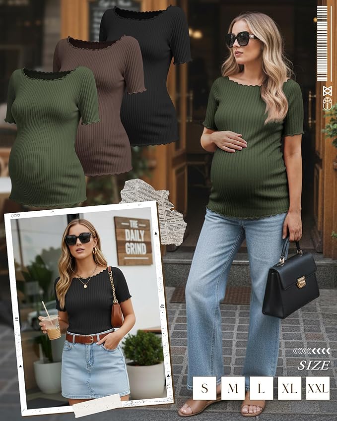 3 Pack Women's Maternity Ribbed Shirts Cotton Short Sleeve Pregnancy Tops Boat Neck Lettuce Trim Mama Clothes