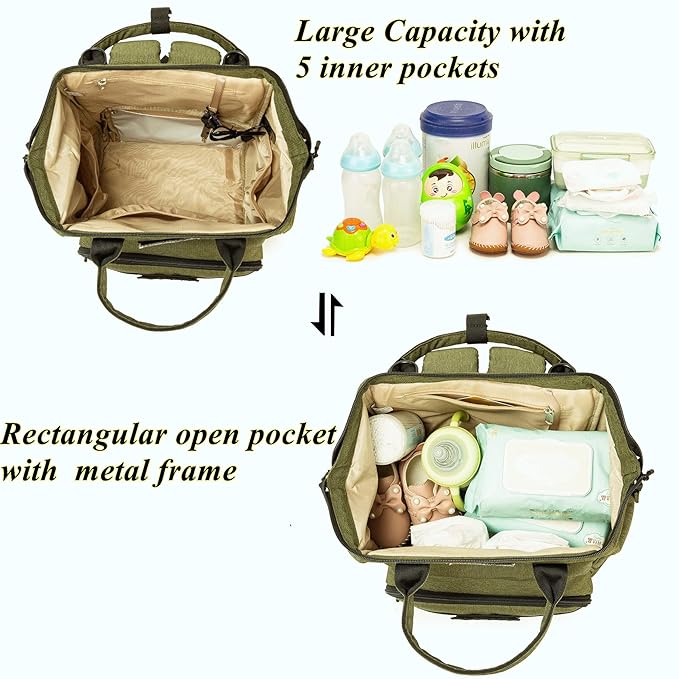 Diaper Bag Backpack for Dad and Mom with USB Charging Port Stroller Straps and Insulated Pocket,army military Travel Nappy Backpack for daddy mommy (Green)