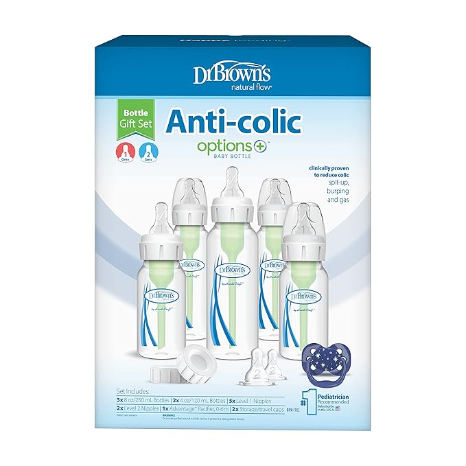 Dr. Brown's Natural Flow Anti-Colic Options+ Narrow Baby Bottle Gift Set with Advantage Pacifier & Bottle Travel Caps, 0m+ (Packaging/Pacifier May Vary)