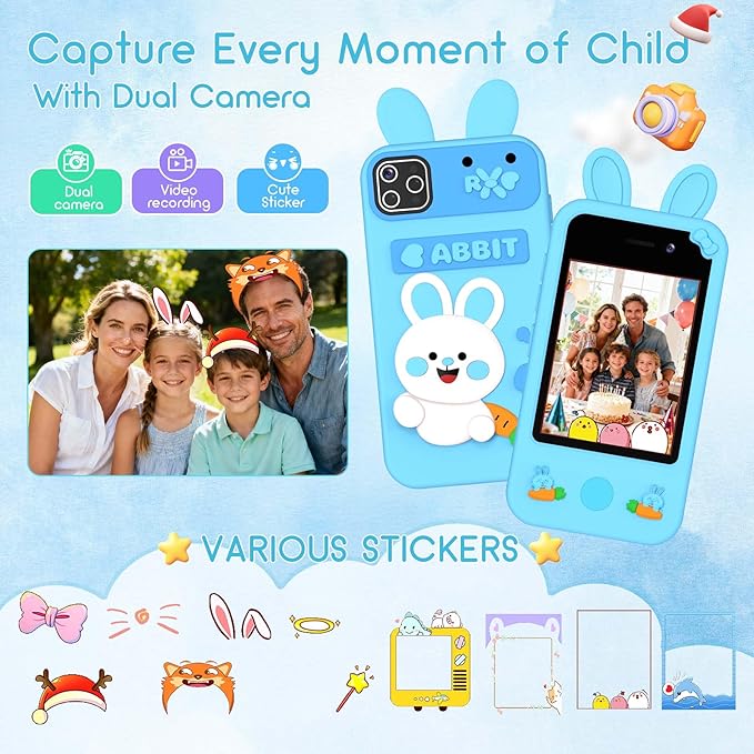 Kids Smart Phone Toy - Toddler Cell Phone 2.8" Touchscreen Dual Camera with 20 Puzzle Games, Safe No WiFi for Kids 3-6, Educational Play Phone, Durable for 5 Year Old Boys Girls (Blue)