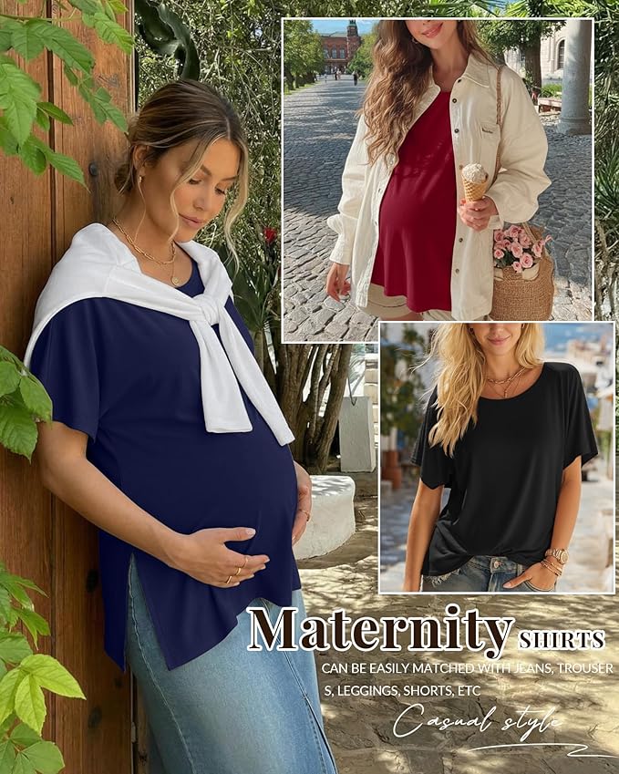 Riyiper 3 Pack Women's Maternity Tunic Shirts Cotton Summer Pregnancy Clothes Loose Oversized Split Side Blouse Tops