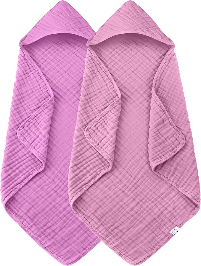2 Pack Hooded Baby Towels - 100% Muslin Cotton for Newborns, Infants, Toddlers - Large 32x32 Inch Size - Highly Absorbent and Essential for Newborn Care, Deep Sakura