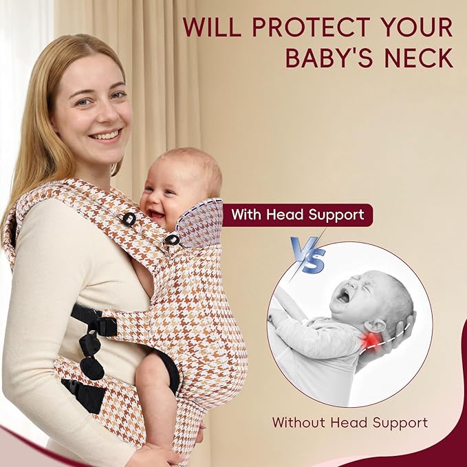 FRUITEAM Baby Carrier, Toddler Carrier with Adjustable Seat Size, Comfortable & Ergonomic Baby Carrier Newborn (7-25 LBS), Easy to Wear, Travel and Hiking Friendly (Brown Houndstooth)