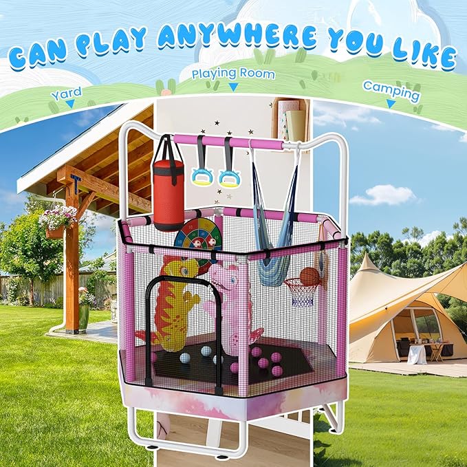 LAMERGE 55" 7-in-1 Round Trampoline for Kids Boys & Girls Ages 1-8, Indoor & Outdoor Trampoline for Fun, Adjustable Height Handrail ＆ Enclosed Safety Net ＆ Durable Designs for Toddlers Children