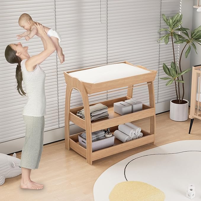 Baby Changing Table, Wood Diaper Changing Table with 2-Tier Storage Shelves, Wooden Baby Changing Station for Nursery, Modern Changing Table Dresser