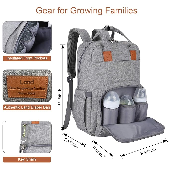 Land Diaper Bag Backpack Large Capacity Waterproof Baby Travel Bag for Dad Mom Light Grey