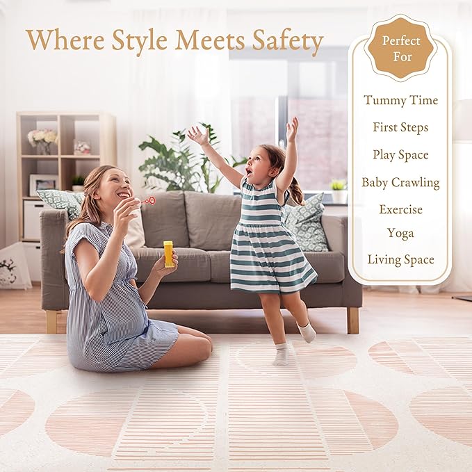 PopsyKosy Premium Baby Floor Play Mat - Thick & Cushioned 0.5 inch Playroom Foam Mat, Non-Toxic Odorless - 6 Tiles - Spacious 6x4 ft. - Stylish & Large, Waterproof for Kids & Toddlers - Cream Pink