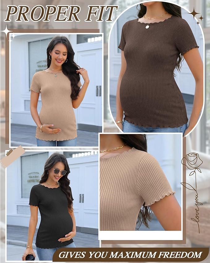 3 Pack Women's Maternity Ribbed Shirts Cotton Short Sleeve Pregnancy Tops Boat Neck Lettuce Trim Mama Clothes