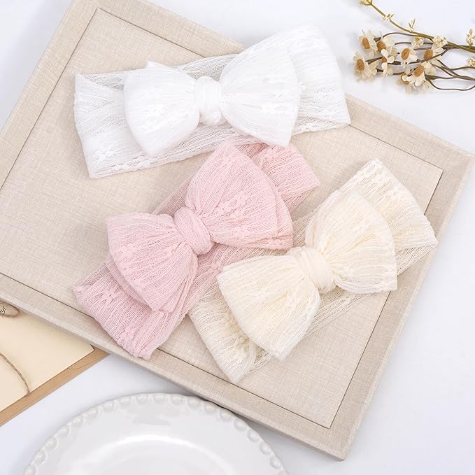 Handmade Baby Headbands Soft Stretchy Nylon Hair Bands with Bows for Toddler Child Girls- Pack of 3 (Set-A, 3 Count (Pack of 1))