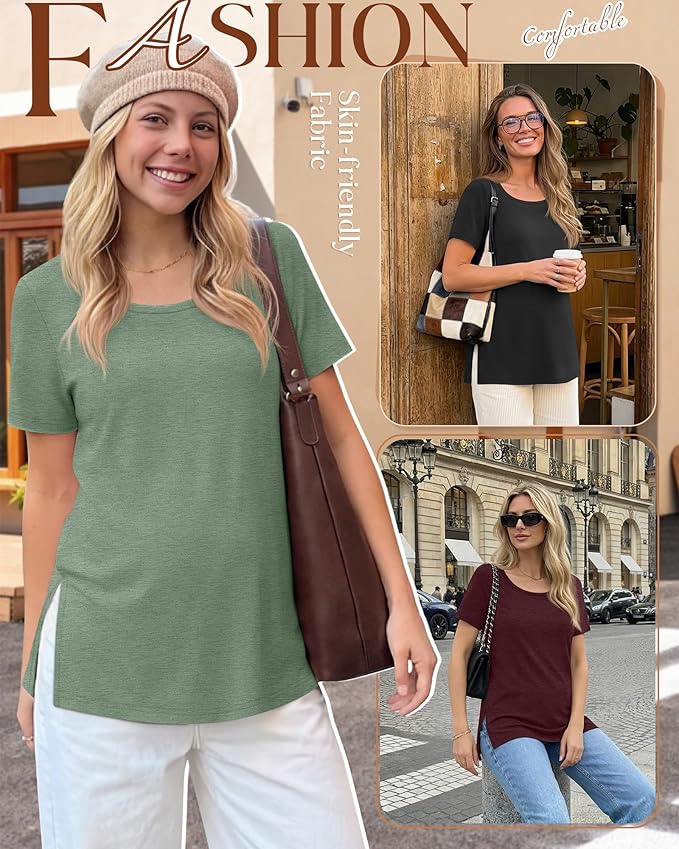 3 Pack Women's Maternity Shirts Short Sleeve Round Neck Side Split Pregnancy Tops Loose Summer Casual Mama Clothes