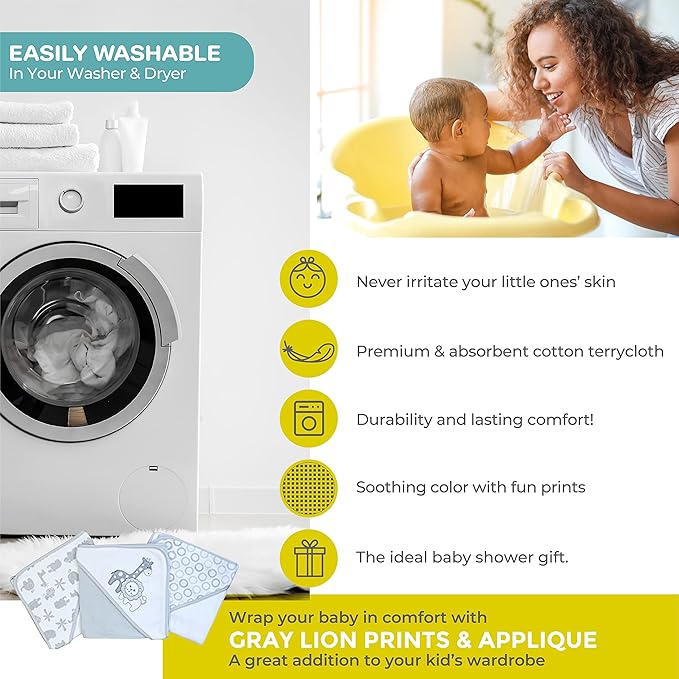 Spasilk Bath Hooded Towels & Baby Washcloths Set, Baby Bath Essentials for Everyday Use, 23-Piece Gift Set, Gray Lion