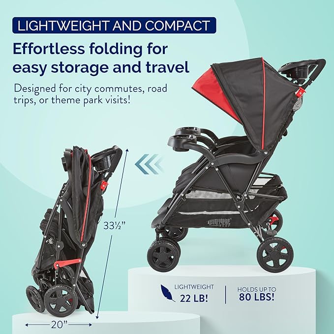 Kolcraft Cloud Plus Lightweight Double Stroller Side-by-Side for Infant Toddler, Compact Folding Travel System with Reclining Seats, Canopies, Storage Basket, Trays, Easy Maneuver – Red Black