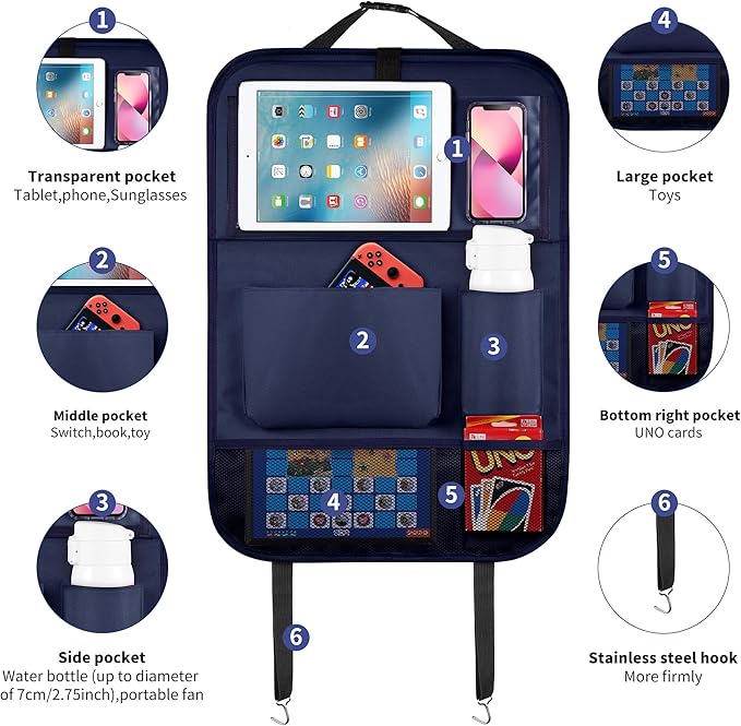 LUCMO Car Backseat Organizer with Tablet Holder,6 Storage Pockets Car Storage Organizer with Foldable Food Tray,Seat Protectors Kick Mats Travel Accessories-Dark Blue